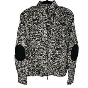 Marsh Landing Sweater Petite Large Black White Mock Neck full Zip Elbow Patch